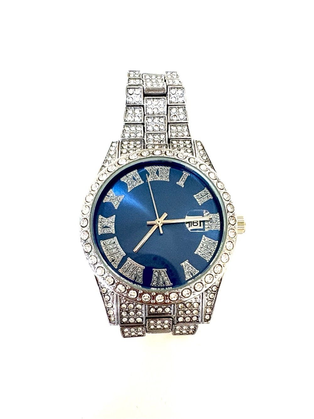 Iced Out Women’s Silver Rhinestone Watch Blue Face Roman Numeral + Extra Links